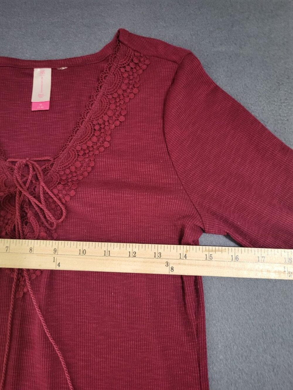 NOBO Burgundy Knit M Top Stretch Tassel V Neck Flare Sleeve Blouse Boho Peasant - Picture 5 of 7